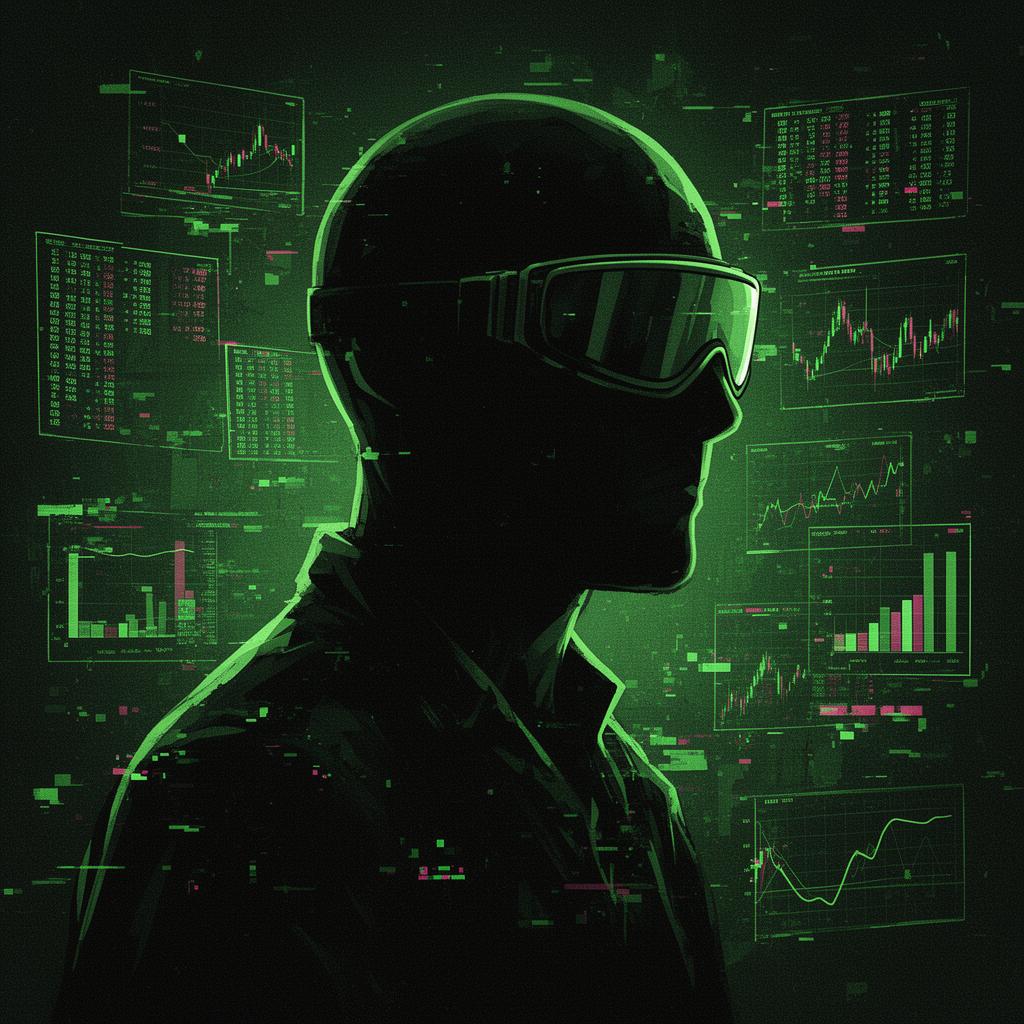 Paranoid humanoid analyst silhouette in front of market data